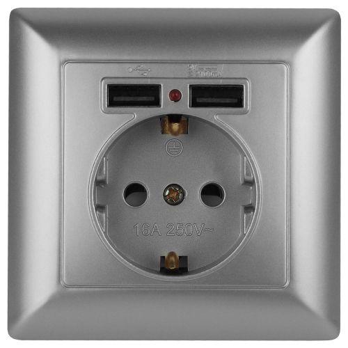 Розетка 1-м СП Solo 4-410-03 P+E Schuko 16А 250В + 2хUSB IP20 с заземл. защ. шторки алюм. Intro Б0053715 Розетка 1-м СП Solo 4-410-03 P+E Schuko 16А 250В + 2хUSB IP20 с заземл. защ. шторки алюм. Intro Б0053715