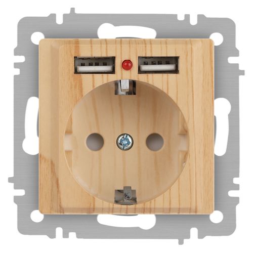 Розетка 1-м СП Accent 6-410-11 16А IP20 250В P+E Schuko + 2хUSB защ. шторки сосна Intro Б0063720 Розетка 1-м СП Accent 6-410-11 16А IP20 250В P+E Schuko + 2хUSB защ. шторки сосна Intro Б0063720