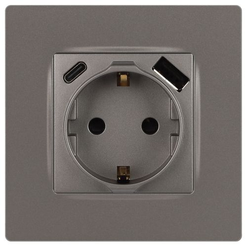 Розетка Эра12 12-4108-16 16А 250В 2P+E с USB type-A+C 5В-3А защ. шторки титан Эра Б0067762 фото 3 Розетка Эра12 12-4108-16 16А 250В 2P+E с USB type-A+C 5В-3А защ. шторки титан Эра Б0067762 фото 3
