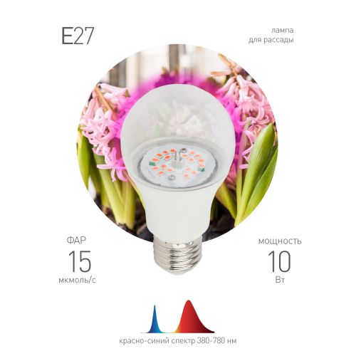 Лампа светодиодная FITO-10W-RB-E27-K 10Вт A60 грушевидная прозрачная 1310К E27 130-270В для растений красн./син. спектр Эра Б0039069 Лампа светодиодная FITO-10W-RB-E27-K 10Вт A60 грушевидная прозрачная 1310К E27 130-270В для растений красн./син. спектр Эра Б0039069