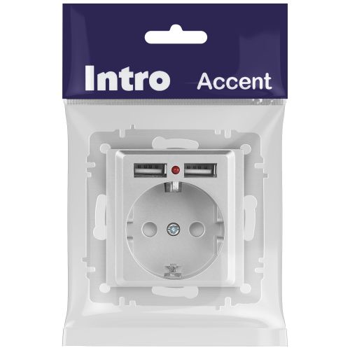 Розетка 1-м СП Accent 6-410-03 16А IP20 250В P+E Schuko + 2хUSB защ. шторки алюм. Intro Б0063694 фото 2 Розетка 1-м СП Accent 6-410-03 16А IP20 250В P+E Schuko + 2хUSB защ. шторки алюм. Intro Б0063694 фото 2