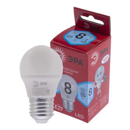 Лампа светодиодная RED LINE LED P45-8W-840-E27 R 8Вт P45 шар 4000К нейтр. бел. E27 Эра Б0049645 Лампа светодиодная RED LINE LED P45-8W-840-E27 R 8Вт P45 шар 4000К нейтр. бел. E27 Эра Б0049645