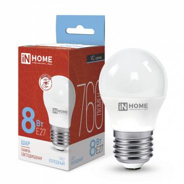 Лампа светодиодная LED-ШАР-VC 8Вт шар 6500К холод. бел. E27 760лм 230В IN HOME 4690612024905 Лампа светодиодная LED-ШАР-VC 8Вт шар 6500К холод. бел. E27 760лм 230В IN HOME 4690612024905