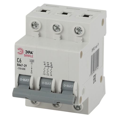 Выключатель автоматический модульный 3п C 6А 4.5кА ВА 47-29 SIMPLE-mod-19 ЭРА Б0039236 Выключатель автоматический модульный 3п C 6А 4.5кА ВА 47-29 SIMPLE-mod-19 ЭРА Б0039236
