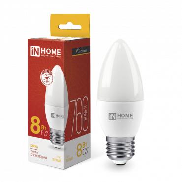 Лампа светодиодная LED-СВЕЧА-VC 8Вт свеча 3000К тепл. бел. E27 760лм 230В IN HOME 4690612020440 Лампа светодиодная LED-СВЕЧА-VC 8Вт свеча 3000К тепл. бел. E27 760лм 230В IN HOME 4690612020440