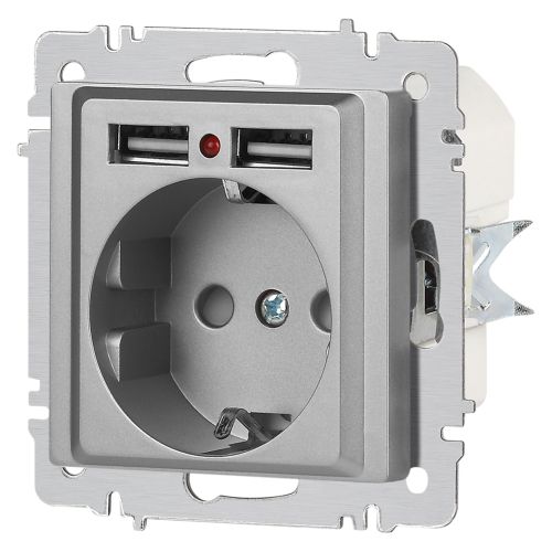 Розетка 1-м СП Accent 6-410-03 16А IP20 250В P+E Schuko + 2хUSB защ. шторки алюм. Intro Б0063694 фото 5 Розетка 1-м СП Accent 6-410-03 16А IP20 250В P+E Schuko + 2хUSB защ. шторки алюм. Intro Б0063694 фото 5
