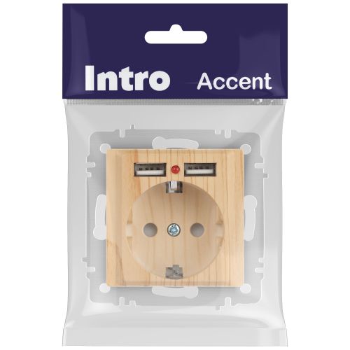 Розетка 1-м СП Accent 6-410-11 16А IP20 250В P+E Schuko + 2хUSB защ. шторки сосна Intro Б0063720 фото 2 Розетка 1-м СП Accent 6-410-11 16А IP20 250В P+E Schuko + 2хUSB защ. шторки сосна Intro Б0063720 фото 2