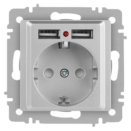 Розетка 1-м СП Accent 6-410-03 16А IP20 250В P+E Schuko + 2хUSB защ. шторки алюм. Intro Б0063694 Розетка 1-м СП Accent 6-410-03 16А IP20 250В P+E Schuko + 2хUSB защ. шторки алюм. Intro Б0063694