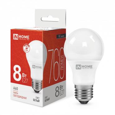 Лампа светодиодная LED-A60-VC 8Вт грушевидная 4000К нейтр. бел. E27 760лм 230В IN HOME 4690612024028 Лампа светодиодная LED-A60-VC 8Вт грушевидная 4000К нейтр. бел. E27 760лм 230В IN HOME 4690612024028