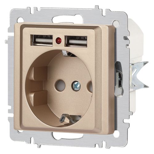 Розетка 1-м СП Accent 6-410-04 16А IP20 250В P+E Schuko + 2хUSB защ. шторки шампань Intro Б0063696 фото 5 Розетка 1-м СП Accent 6-410-04 16А IP20 250В P+E Schuko + 2хUSB защ. шторки шампань Intro Б0063696 фото 5