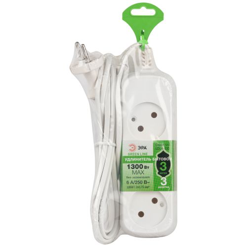 Удлинитель 3х3м без заземл. 6А IP20 GREEN LINE UDL-6-330 ШВВП 2х0.75 Эра Б0065041 фото 2 Удлинитель 3х3м без заземл. 6А IP20 GREEN LINE UDL-6-330 ШВВП 2х0.75 Эра Б0065041 фото 2