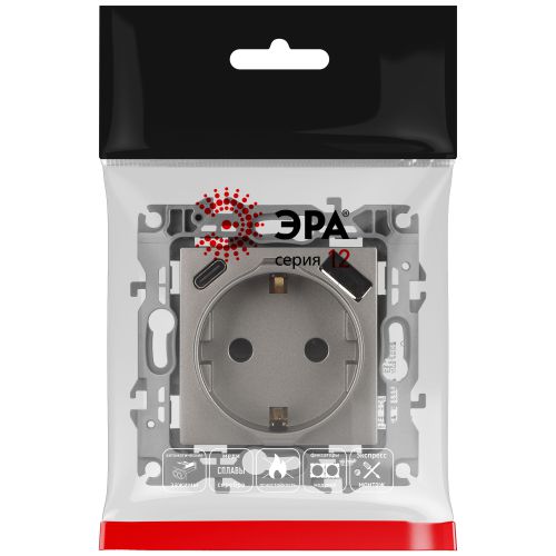 Розетка Эра12 12-4108-16 16А 250В 2P+E с USB type-A+C 5В-3А защ. шторки титан Эра Б0067762 фото 2 Розетка Эра12 12-4108-16 16А 250В 2P+E с USB type-A+C 5В-3А защ. шторки титан Эра Б0067762 фото 2