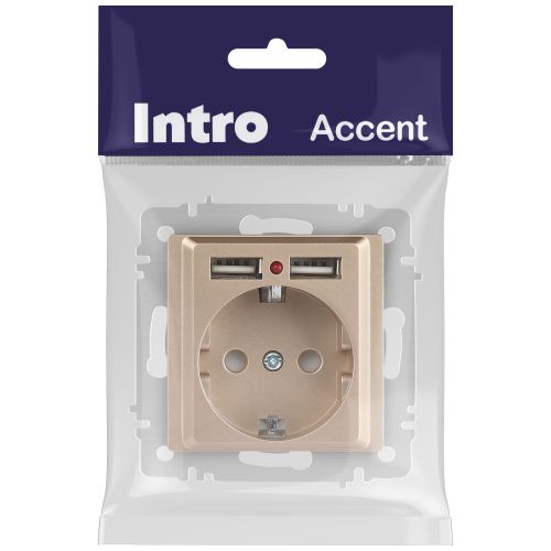 Розетка 1-м СП Accent 6-410-04 16А IP20 250В P+E Schuko + 2хUSB защ. шторки шампань Intro Б0063696 фото 2 Розетка 1-м СП Accent 6-410-04 16А IP20 250В P+E Schuko + 2хUSB защ. шторки шампань Intro Б0063696 фото 2