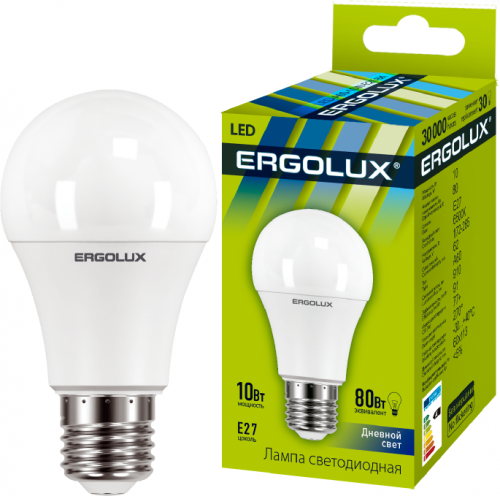 Лампа светодиодная LED-A60-10W-E27-6K 10Вт грушевидная 6500К холод. бел. E27 180-240В ЛОН Ergolux 12879 фото 2