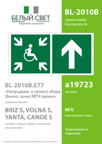 Знак безопасности BL-2010B.E77"Напр.движ. к пункту сбора(безоп.зоне)МГН прямо" Белый свет a19723 фото 2