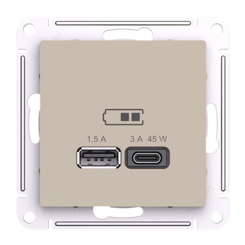 Розетка USB AtlasDesign тип A+C 45Вт высокоскор. ЗУ QC PD механизм песочн. SE ATN001229 фото 3