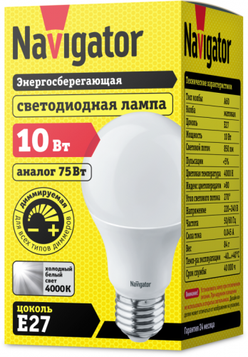 Лампа светодиодная 14 123 NLL-A60-10-230-4K-E27-DIMM 10Вт грушевидная матовая 4000К нейтр. бел. E27 850лм 176-264В Navigator 14123 фото 2