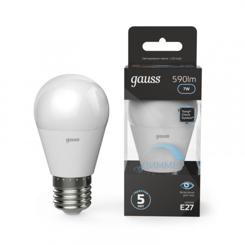 Лампа светодиодная Black 7Вт P45 шар 4100К нейтр. бел. E27 590лм диммир. GAUSS 105102207-D Лампа светодиодная Black 7Вт P45 шар 4100К нейтр. бел. E27 590лм диммир. GAUSS 105102207-D