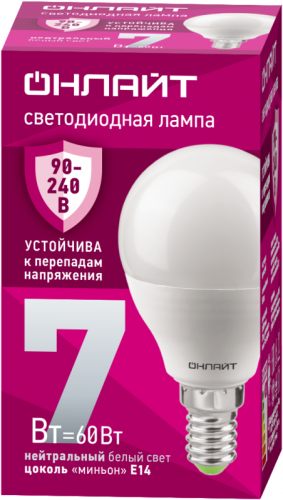 Лампа светодиодная 90 419 OLL-G45-7-230-4K-E14-FR 7Вт шар 4000К E14 90-240В PRO ОНЛАЙТ 90419 Лампа светодиодная 90 419 OLL-G45-7-230-4K-E14-FR 7Вт шар 4000К E14 90-240В PRO ОНЛАЙТ 90419