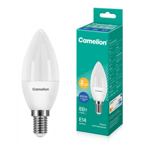 Лампа светодиодная LED8-C35/865/E14 8Вт свеча матовая 6500К холод. бел. E14 150-265В Camelion 13370 Лампа светодиодная LED8-C35/865/E14 8Вт свеча матовая 6500К холод. бел. E14 150-265В Camelion 13370