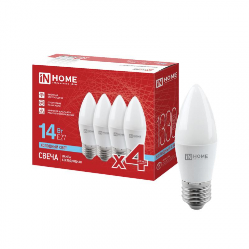 Лампа светодиодная LED-СВЕЧА-VC 4PACK 14Вт свеча 6500К E27 1330лм 230В (уп.4шт) IN HOME 4690612066738 Лампа светодиодная LED-СВЕЧА-VC 4PACK 14Вт свеча 6500К E27 1330лм 230В (уп.4шт) IN HOME 4690612066738