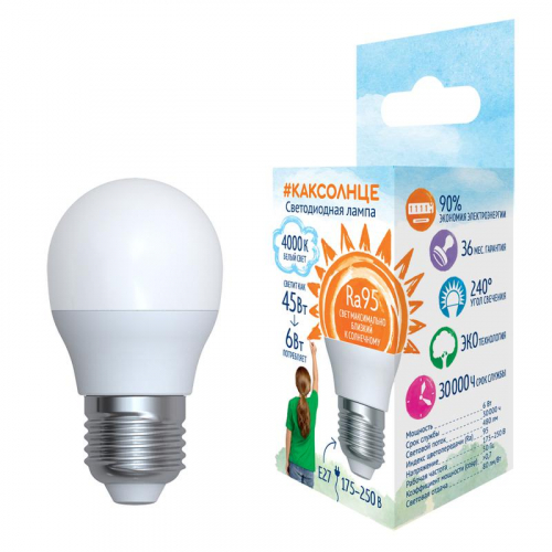 Лампа светодиодная LED-G45-6W/4000K/E27 /FR/RA95 PLK01WH 6Вт матовая как солнце 4000К нейтр. бел. E27 (упак. картон) Uniel UL-00006533 Лампа светодиодная LED-G45-6W/4000K/E27 /FR/RA95 PLK01WH 6Вт матовая как солнце 4000К нейтр. бел. E27 (упак. картон) Uniel UL-00006533