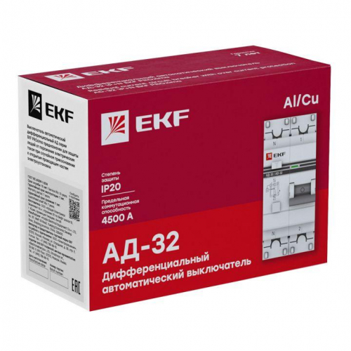 Выключатель автоматический дифференциального тока 2п (1P+N) C 63А 30мА тип AC 4.5кА АД-32 защита 270В электрон. PROxima EKF DA32-63-30-pro фото 2
