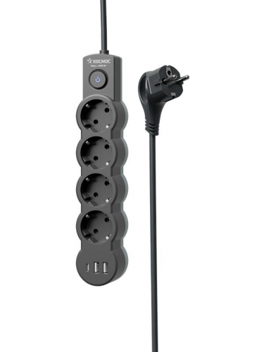 Удлинитель 4х5м с заземл. 10А IP20 USB type-Aх2 + type-C 2500Вт 220В ПВС 3х1 с выкл. черн. КОСМОС YKsm5m4g-Z-VU10А-B фото 4 Удлинитель 4х5м с заземл. 10А IP20 USB type-Aх2 + type-C 2500Вт 220В ПВС 3х1 с выкл. черн. КОСМОС YKsm5m4g-Z-VU10А-B фото 4