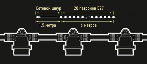 Гирлянда уличная "Белт-лайт" PBL-S20/L06+1.5 Black E27 IP65 6м 20ламп 1.5м шнур соедин. в линию max750Вт (лампы не в компл.; возможно использов. с фитолампами в теплице) Pro JazzWay 5040540A фото 8