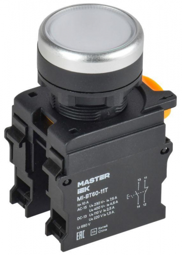 Кнопка d22мм 1НО+1НЗ MASTER с фиксацией бел. IEK MI-BT60-11T-3-21-K01