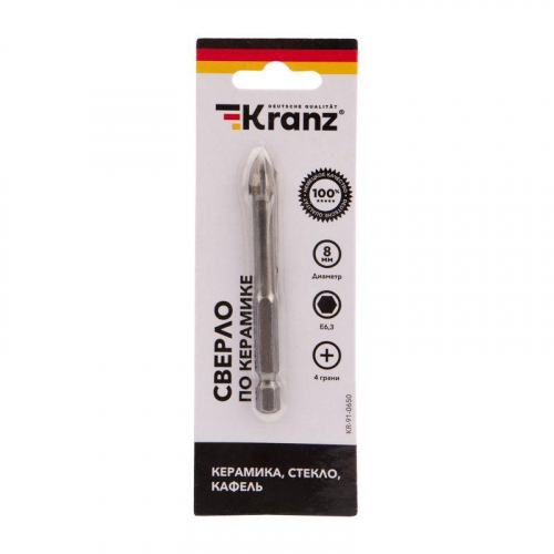 Сверло по стеклу и керамике 8мм 4 грани шестигранный хвостовик Kranz KR-91-0650 фото 3