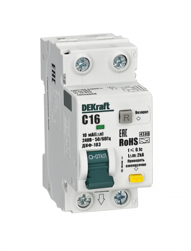 Выключатель автоматический дифференциального тока 2п (1P+N) C 16А 10мА тип AC 4.5кА ДИФ-103 DEKraft 16552DEK