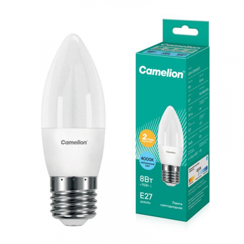 Лампа светодиодная LED8-C35/845/E27 8Вт свеча 4500К бел. E27 750лм 220В Camelion 12390 Лампа светодиодная LED8-C35/845/E27 8Вт свеча 4500К бел. E27 750лм 220В Camelion 12390