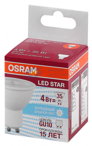Лампа светодиодная LED STAR PAR16 3536 4W/865 230V GU10 370лм 4Вт (замена 35Вт) 6500К холод. бел. GU10 PAR16 220-240В прозр. пласт. OSRAM 4058075481404 фото 2