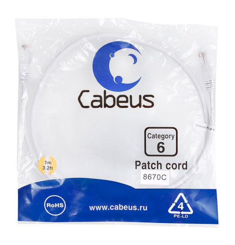 Патч-корд U/UTP кат.6 PC-UTP-RJ45-Cat.6-1m-WH 2xRJ45/8p8c неэкранир. PVC 1м бел. Cabeus 8670c Патч-корд U/UTP кат.6 PC-UTP-RJ45-Cat.6-1m-WH 2xRJ45/8p8c неэкранир. PVC 1м бел. Cabeus 8670c