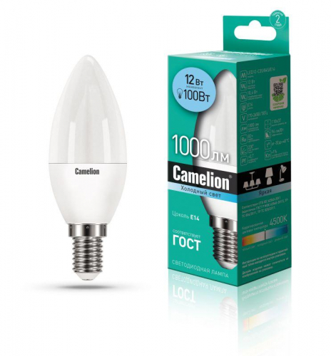 Лампа светодиодная LED12-C35/845/E14 12Вт свеча матовая 4500К бел. E14 150-265В Camelion 13689 Лампа светодиодная LED12-C35/845/E14 12Вт свеча матовая 4500К бел. E14 150-265В Camelion 13689