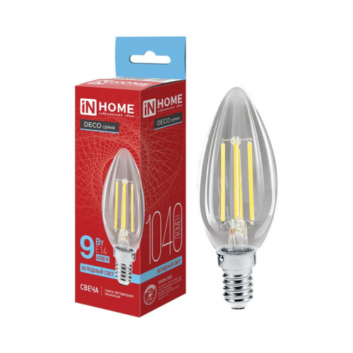 Лампа светодиодная LED-СВЕЧА-deco 9Вт свеча прозрачная 6500К E14 1040лм 230В IN HOME 4690612067056 Лампа светодиодная LED-СВЕЧА-deco 9Вт свеча прозрачная 6500К E14 1040лм 230В IN HOME 4690612067056