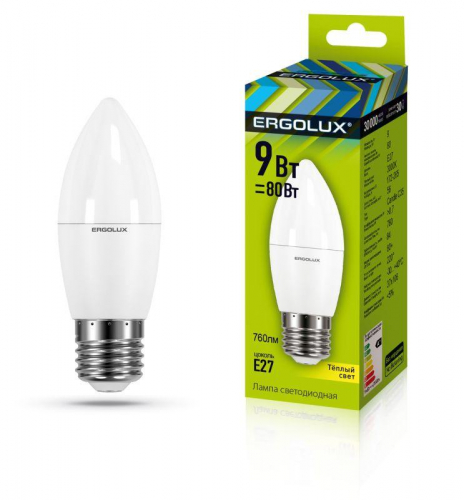 Лампа светодиодная LED-C35-9W-E27-3К Свеча 9Вт E27 3000К 172-265В Ergolux 13170 Лампа светодиодная LED-C35-9W-E27-3К Свеча 9Вт E27 3000К 172-265В Ergolux 13170