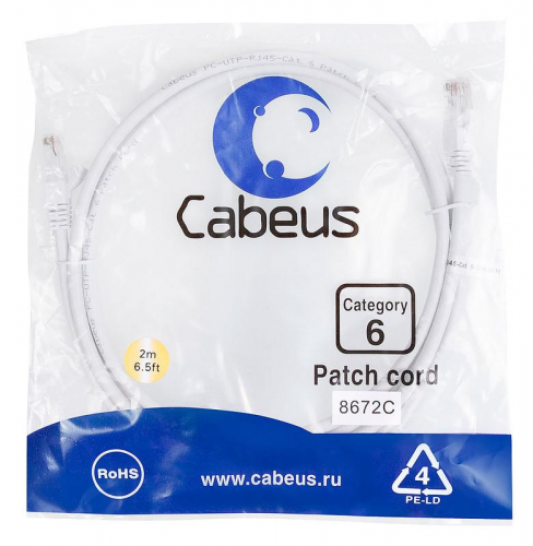 Патч-корд U/UTP кат.6 PC-UTP-RJ45-Cat.6-2m-WH 2xRJ45/8p8c неэкранир. PVC 2м бел. Cabeus 8672c