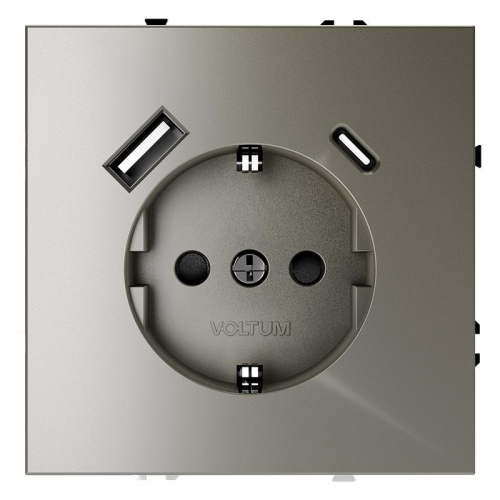 Розетка 1-м СП S70 16А с USB A+С с заземл. защ. шторки механизм шелк Voltum VLS040504