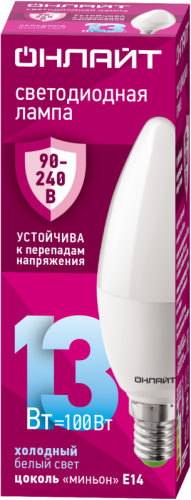 Лампа светодиодная 90 416 OLL-C37-13-230-6.5K-E14-FR 13Вт свеча 6500К E14 90-240В PRO ОНЛАЙТ 90416 Лампа светодиодная 90 416 OLL-C37-13-230-6.5K-E14-FR 13Вт свеча 6500К E14 90-240В PRO ОНЛАЙТ 90416