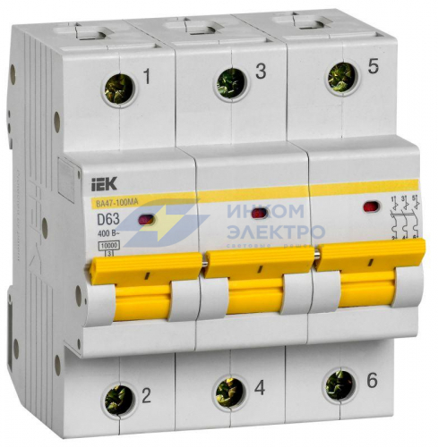 Выключатель автоматический модульный 3п 63А 10кА D ВА47-100МА без тепл. расцеп. IEK MVA43-3-063-D