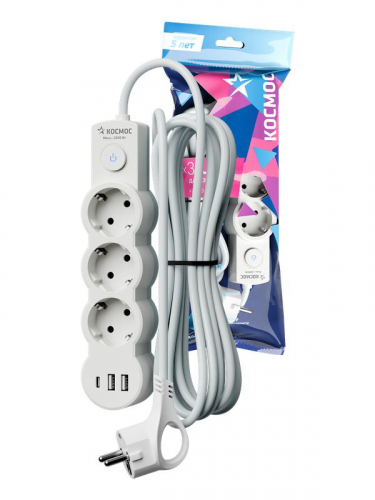 Удлинитель 3х5м с заземл. 10А IP20 USB 2800Вт 220В ПВС 3х1 с выкл. бел. КОСМОС YKsm5m3g-Z-VU10А-W Удлинитель 3х5м с заземл. 10А IP20 USB 2800Вт 220В ПВС 3х1 с выкл. бел. КОСМОС YKsm5m3g-Z-VU10А-W