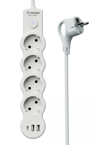 Удлинитель 4х3м с заземл. 10А IP20 USB type-Aх2 + type-C 2500Вт 220В ПВС 3х1 с выкл. бел. КОСМОС YKsm3m4g-Z-VU10А-W фото 5