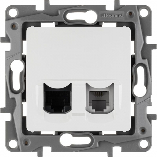 Розетка компьютерная + телефонная 2-м СП Etika RJ45 + RJ11 кат.5E UTP механизм бел. IEK 672252 фото 2