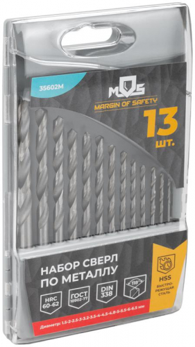 Набор сверл по металлу HSS угол заточки 118град. пласт. кейс 13шт (1.5-2.0-2.5-3-3.2-3.5-4-4.5-4.8-5-5.5-6-6.5мм) MOS 35602М фото 4 Набор сверл по металлу HSS угол заточки 118град. пласт. кейс 13шт (1.5-2.0-2.5-3-3.2-3.5-4-4.5-4.8-5-5.5-6-6.5мм) MOS 35602М фото 4