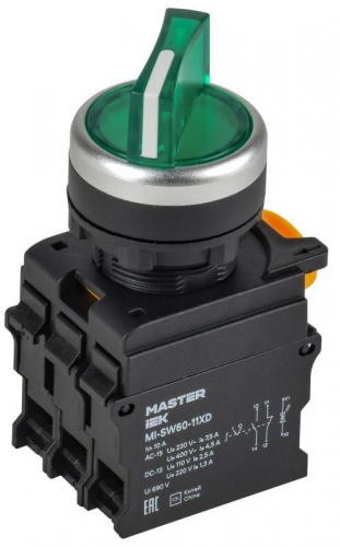 Переключатель 2 полож. 1НО+1НЗ с подсветкой зел. MASTER IEK MI-SW60-11XD-3-14-2-K06