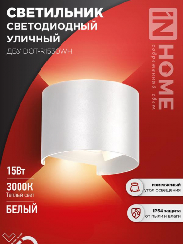 Светильник светодиодный ДБУ DOT-R15W 15Вт 3000К IP65 уличный круглый бел. IN HOME 4690612055510