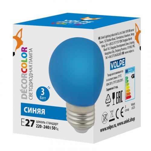 Лампа декоративная светодиод. LED-G60-3W/BLUE/E27/FR/С Шармат упак. картон син. Volpe UL-00006957 Лампа декоративная светодиод. LED-G60-3W/BLUE/E27/FR/С Шармат упак. картон син. Volpe UL-00006957