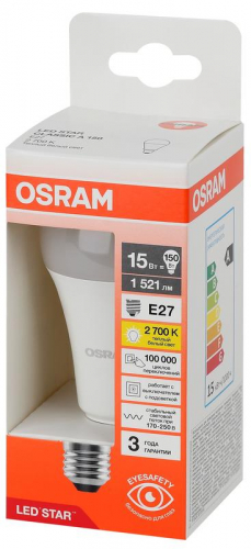 Лампа светодиодная LED Star 15Вт грушевидная 2700К E27 1521лм (замена 150Вт) OSRAM 4058075695382 фото 3 Лампа светодиодная LED Star 15Вт грушевидная 2700К E27 1521лм (замена 150Вт) OSRAM 4058075695382 фото 3